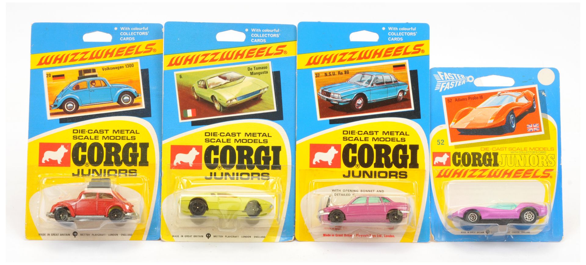 Corgi Toys Juniors Group Of 4 To Include (1) 6 De Tomaso Mangusta - Lime Green body, amber window...