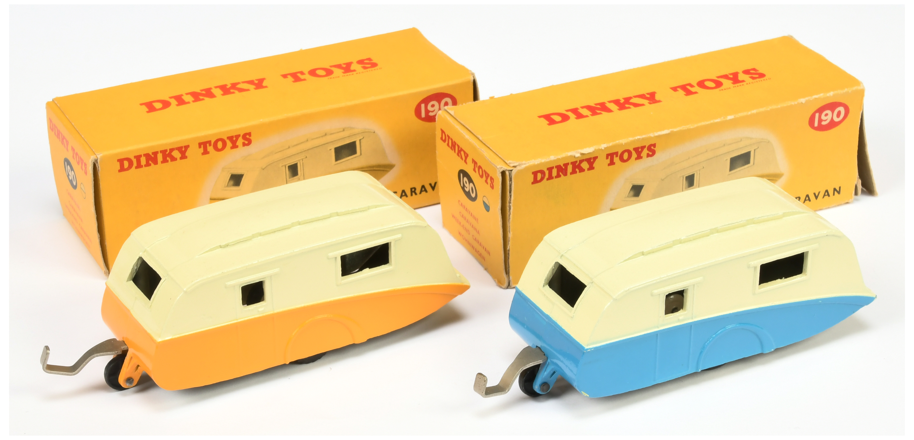 Dinky Toys 190 Caravan - Two-Tone cream and yellow, light beige rigid hubs, chrome draw bar and b...