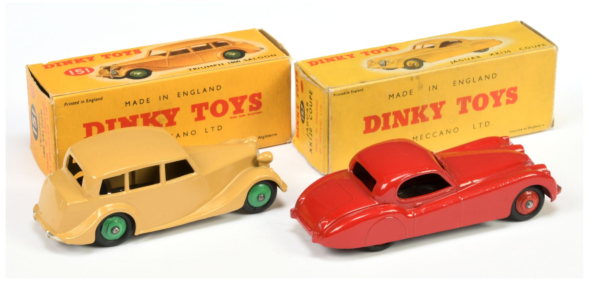 Dinky Toys 151 Triumph 1800 Saloon - Tan body, mid-green rigid hubs and silver trim plus 157 jagu... - Bild 2 aus 2
