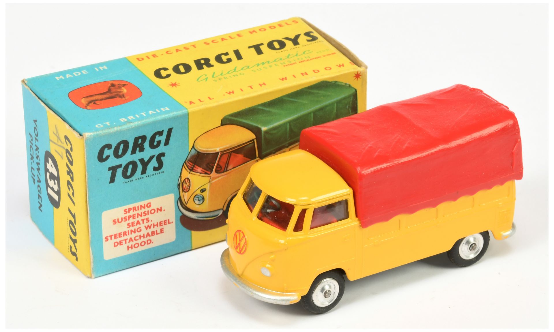 Corgi Toys 431 Volkswagen Pick-Up - Yellow body and back, red interior and plastic canopy, silver...