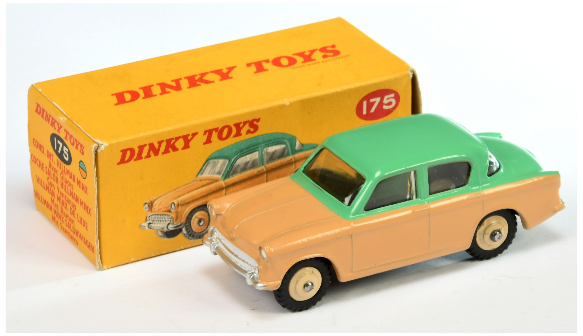 Dinky Toys 175 Hillman Minx Saloon Two-Tone Green and beige with light beige rigid hubs with trea...