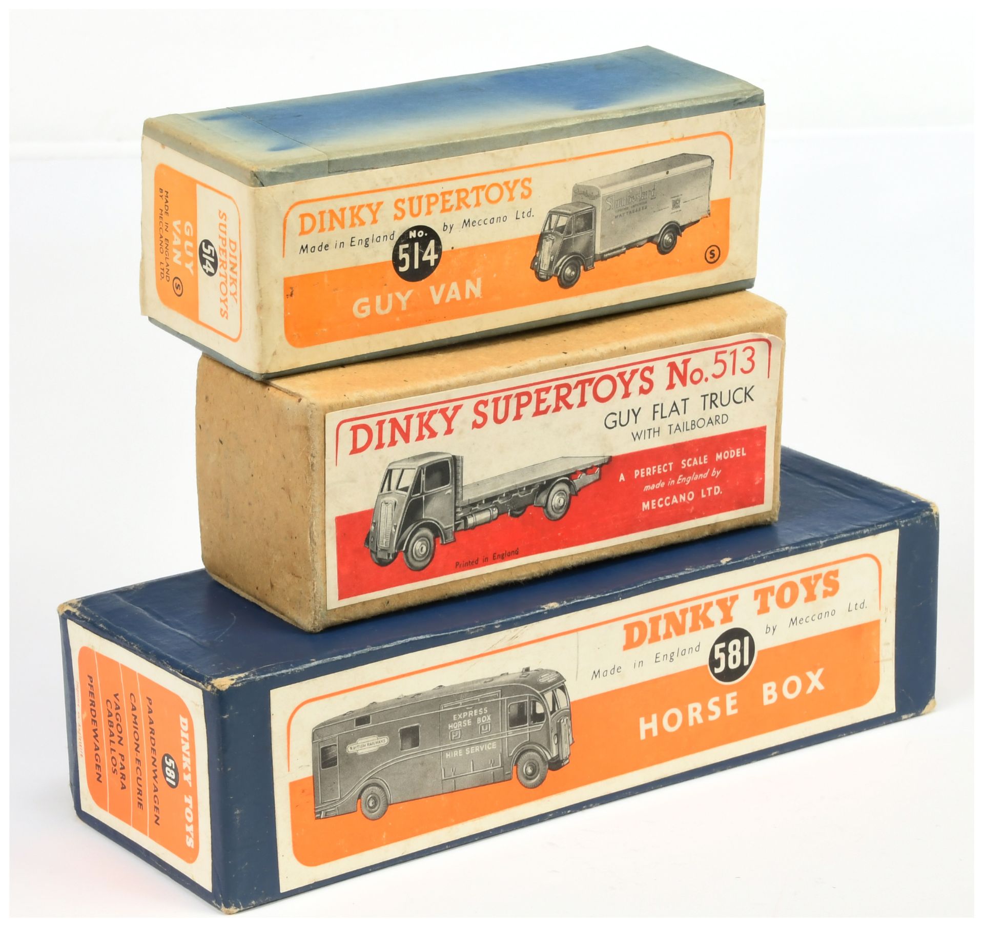 Dinky Toys Empty boxes A Group  (1) 513 Guy Flat truck With Tailboard Buff lift off lid with pape...
