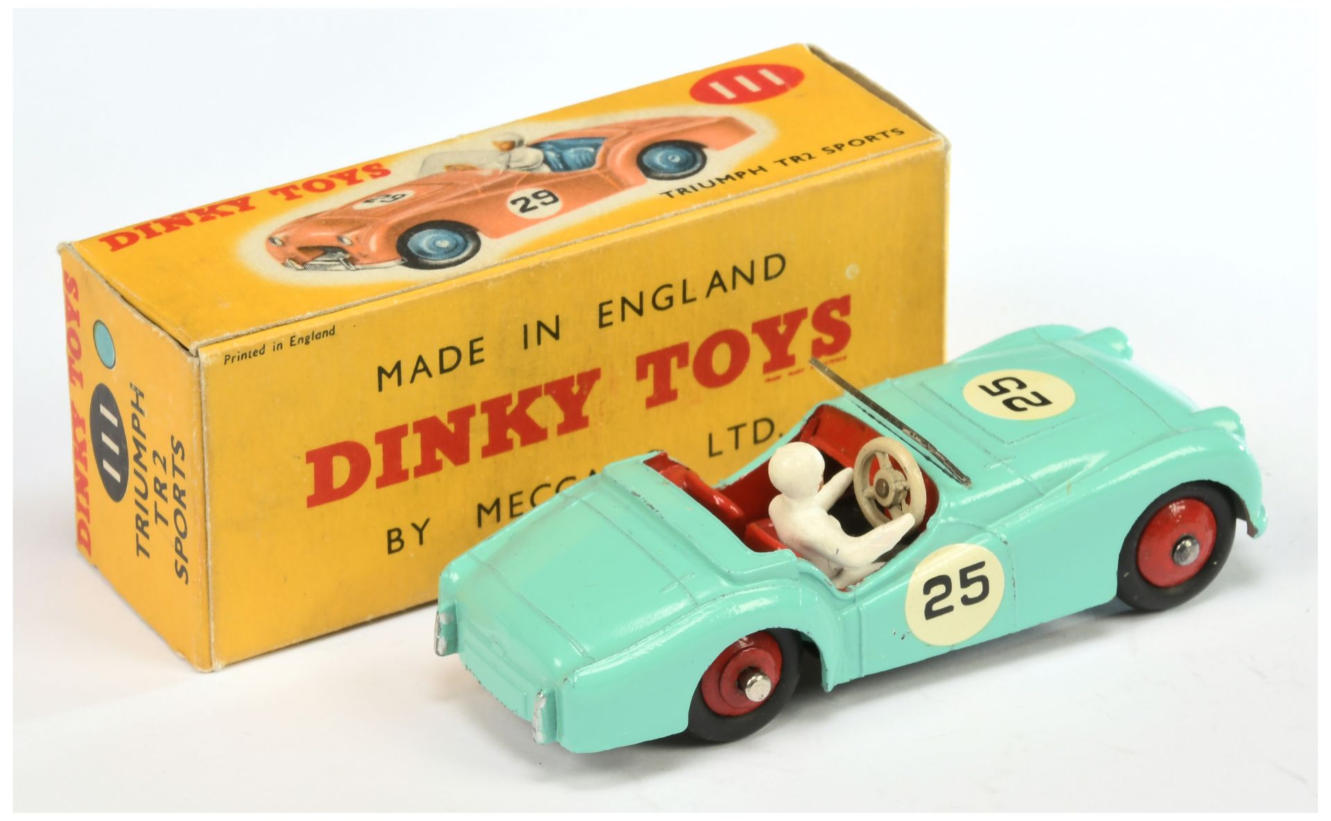 Dinky Toys 111 Triumph TR2 Sports - Turquoise body, red rigid hubs and interior with figure,silve... - Image 2 of 2