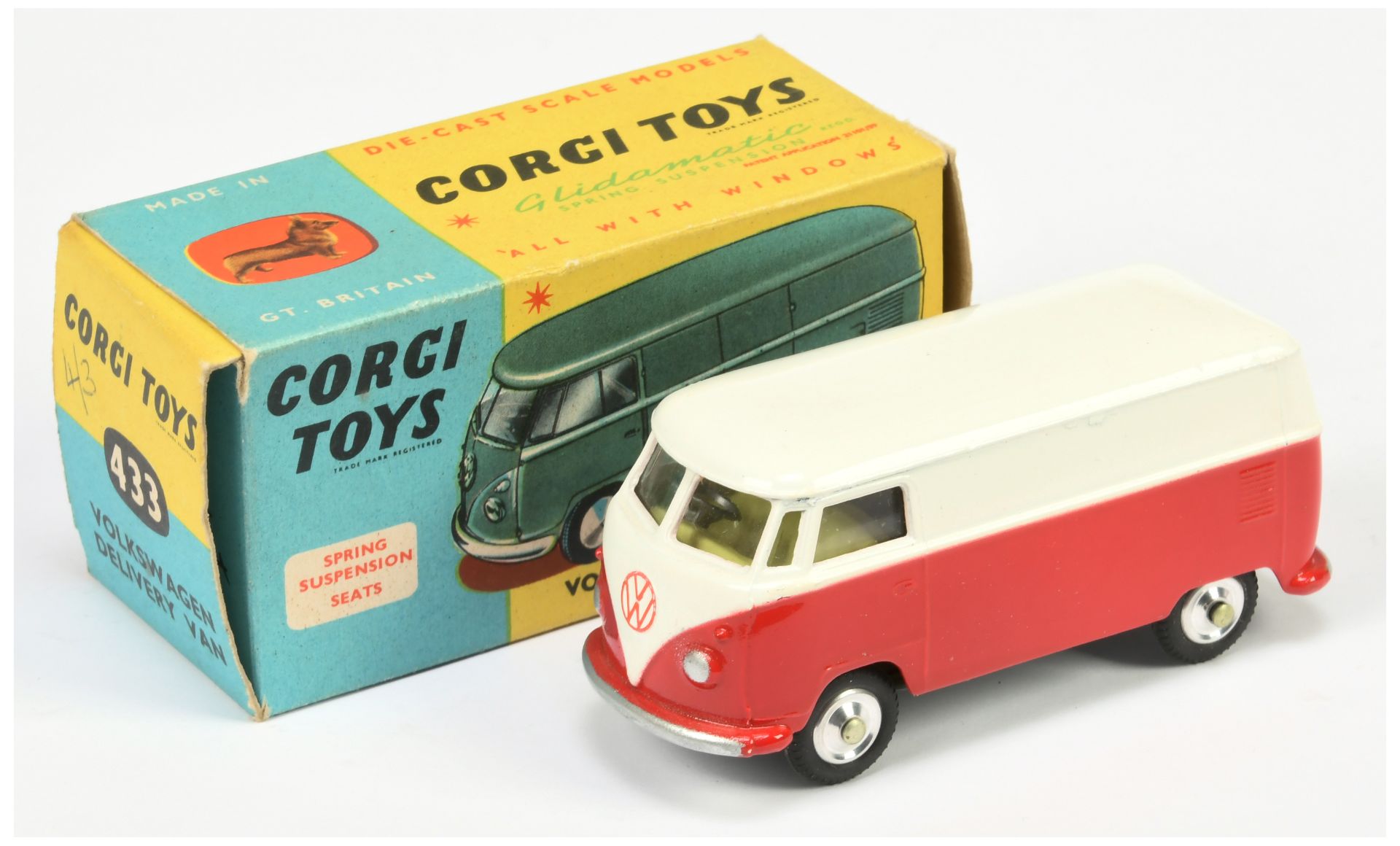 Corgi Toys 433 Volkswagen Delivery Van - Two-Tone White and Red, lemon interior, silver trim and ...