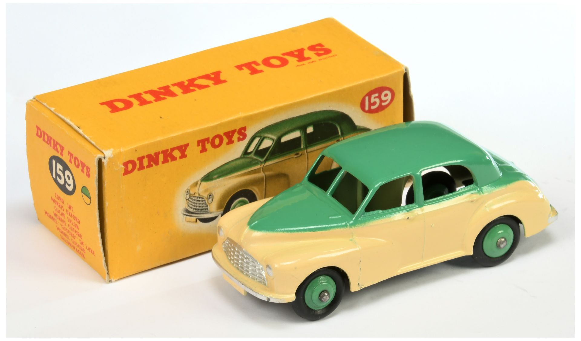 Dinky Toys 159 Morris Oxford - Two-Tone cream and mid-green and rigid hubs, silver trim