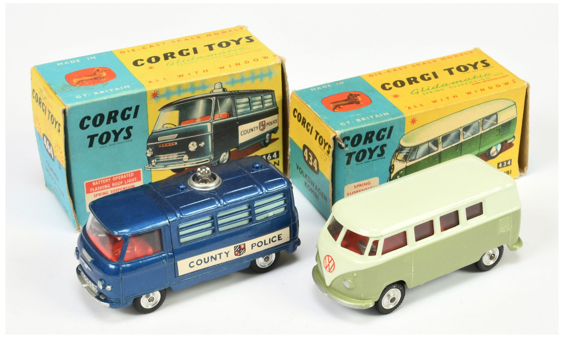 Corgi Toys 434 Volkswagen Kombi - Two-Tone Green, red interior, silver trim and spun hubs and 464...