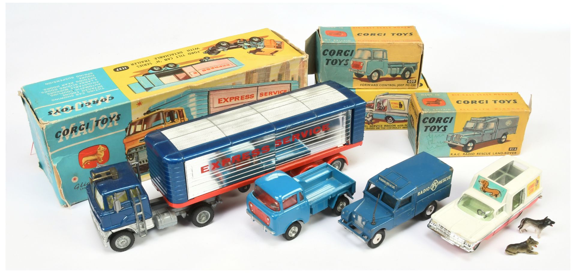 Corgi Toys Group Of 4 To Include (1) 409 Forward Control Jeep - Blue, (2) 416 Land Rover "RAC rad...