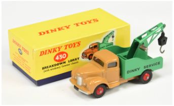 Dinky Toys 430 Commer Breakdown Lorry -  Tan cab and chassis, green back and jib with hook, with ...