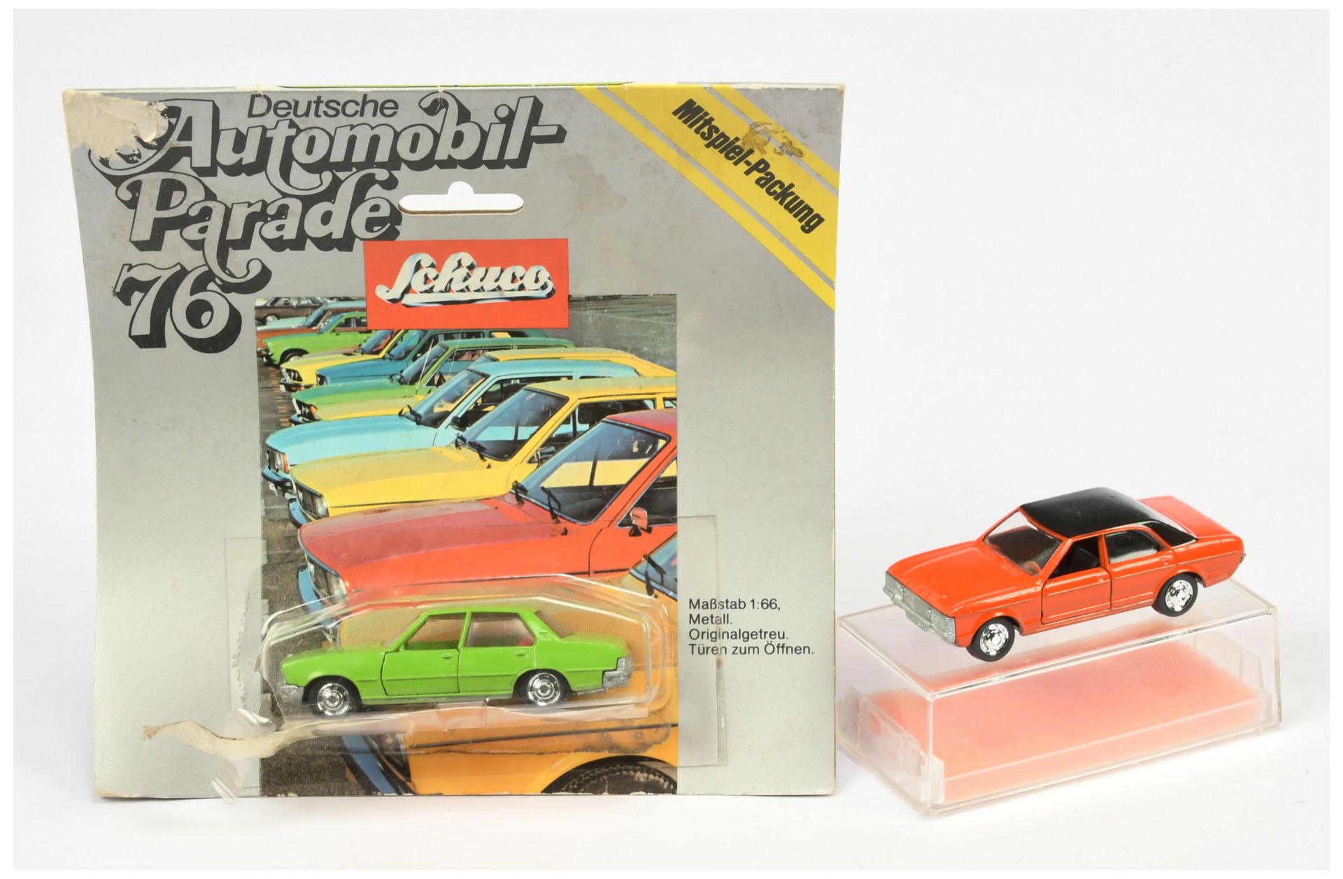Schuco Small Scale a Pair - (1) Ford Granada (consul) - Orange with black roof and (2) Opel Rekor...