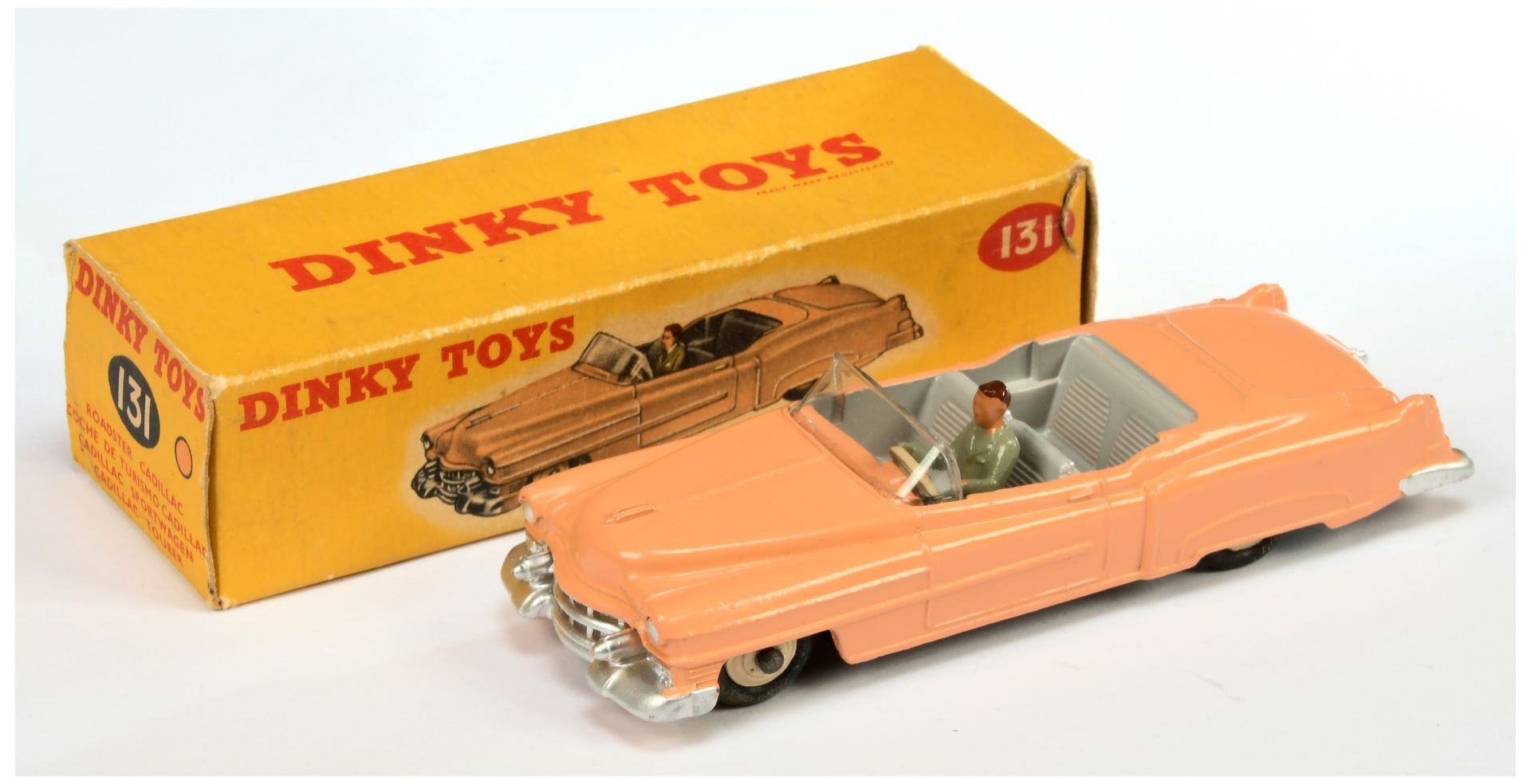 Dinky Toys 131 Cadillac Tourer - Peach Body, grey interior, figure driver, silver trim and light ...