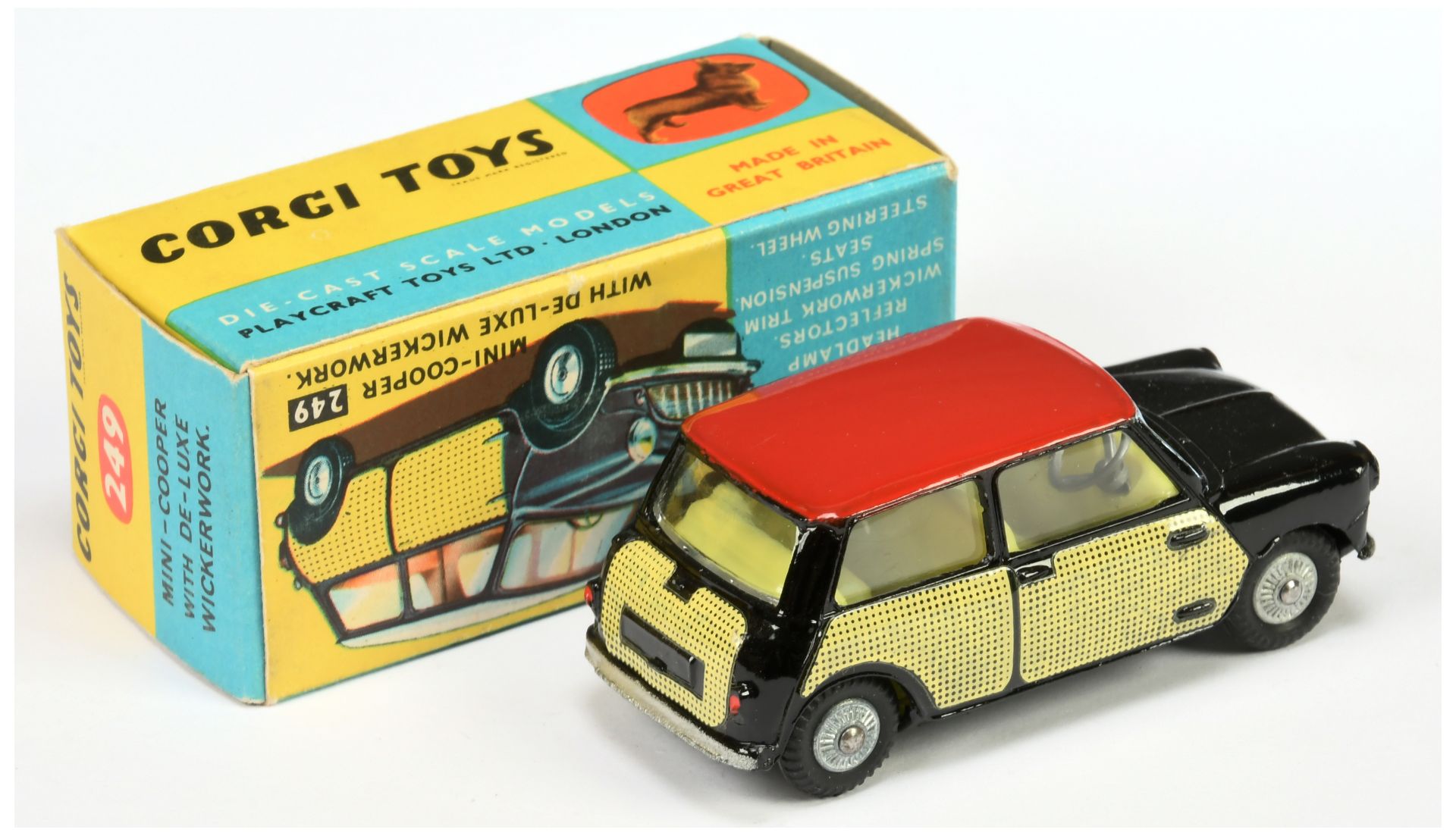 Corgi Toys 249 Morris Mini Cooper "Wickerwork" - Black body, red roof, lemon interior, "Wickerwor... - Image 2 of 2