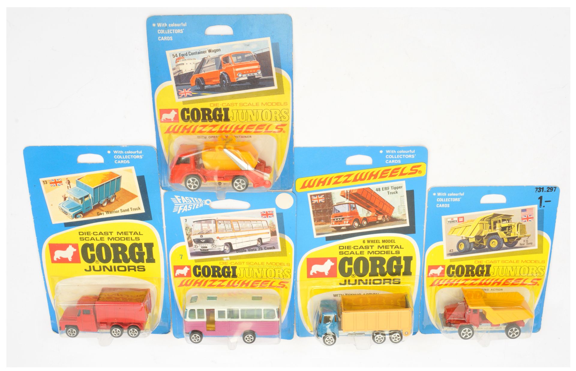 Corgi Toys Juniors Group Of 5 To Include - (1) 7 Duple Vista Coach - Purple and white, (2) 13 Guy...