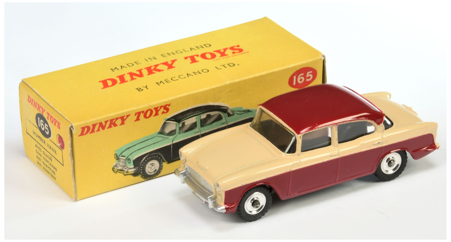 Dinky Toys 165 Humber Hawk Saloon Two-Tone Maroon and beige, silver trim and spun hubs 