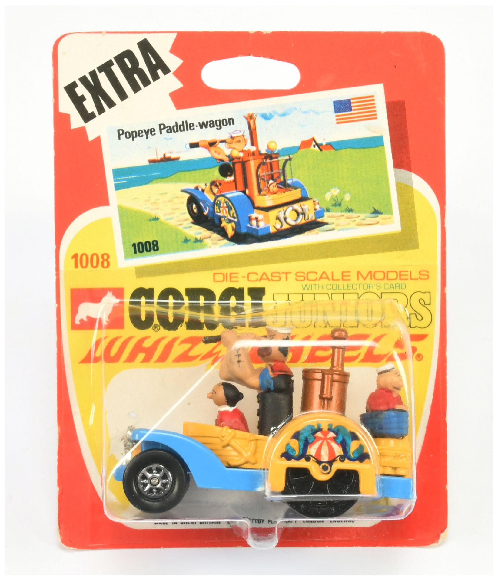 Corgi Juniors 1008 "Popeye" Paddle Wagon - Yellow Body, blue chassis, Waterwheels and with 3 X fi...