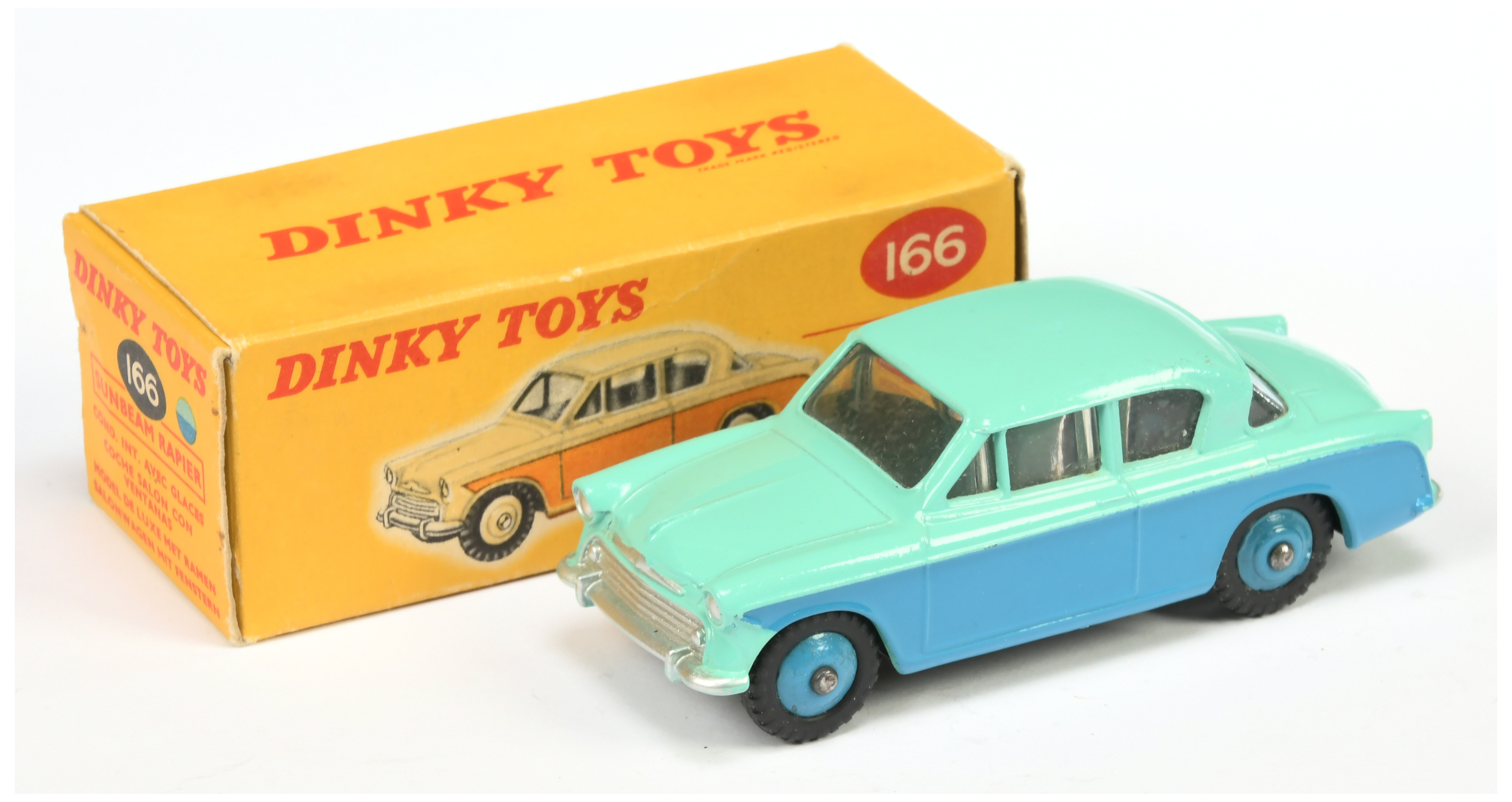 Dinky Toys 166 Sunbeam Repair Saloon - two-Tone turquoise and blue, mid-blue rigid hubs and silve...