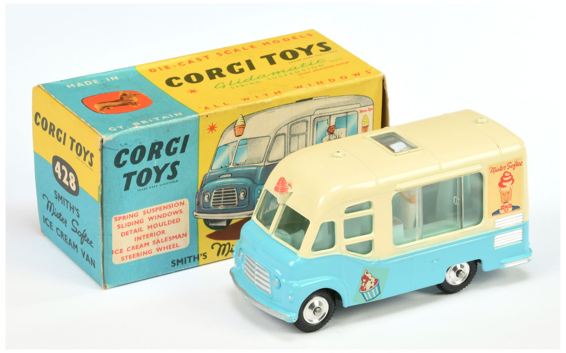 Corgi Toys 428 Smith's karrier Ice cream Van "Mister Softee" Two-Tone cream and light blue, pale ...