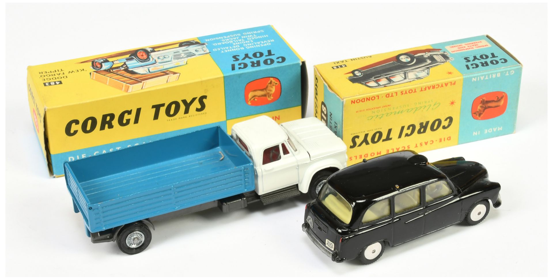 Corgi Toys 483 Dodge Kew Fargo Tipper - White cab, blue tipper, graphite grey chassis, red interi... - Image 2 of 2
