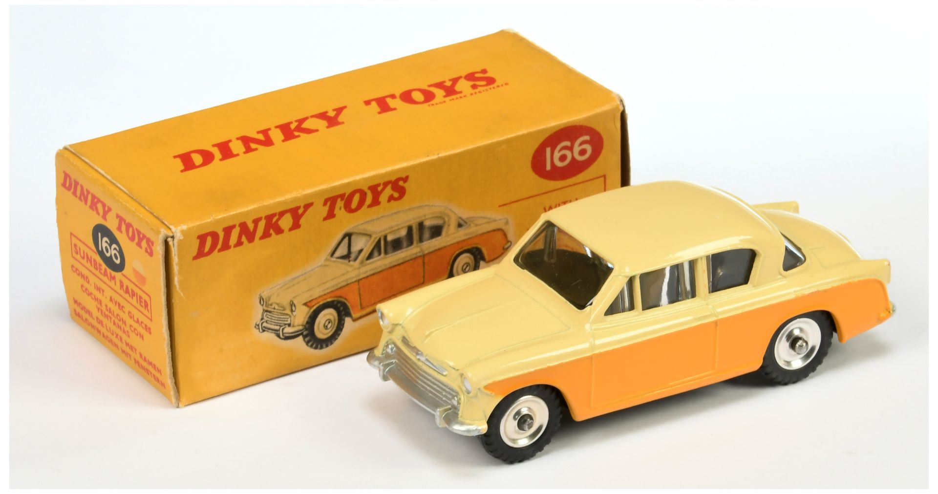 Dinky Toys 166 Sunbeam rapier Saloon - Two-Tone Cream and deep yellow, chrome spun hubs and silve...