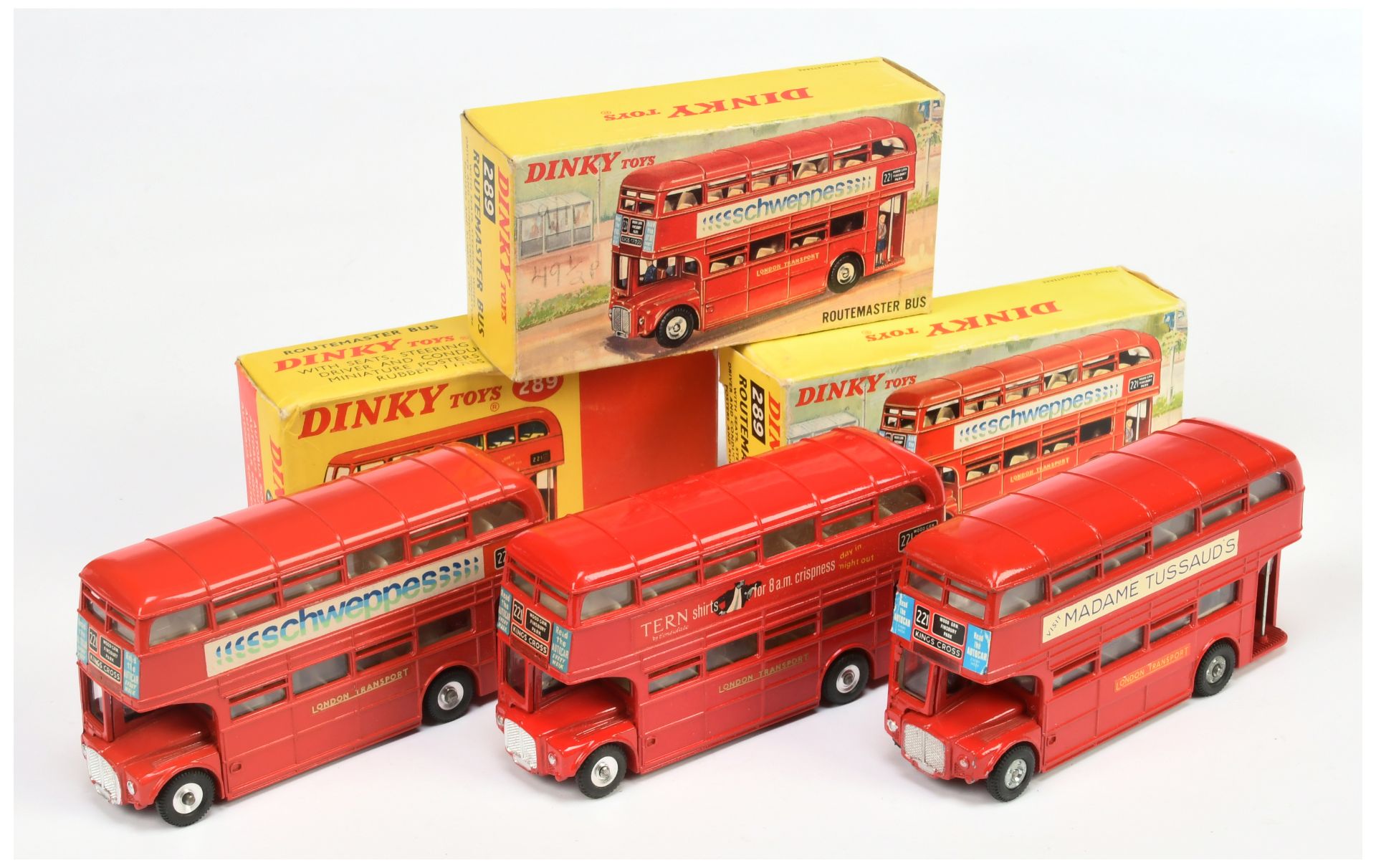 Dinky Toys 289 "London Transport" Routemaster Bus Group Of 3 - (1) "Tern Shirts" - Red body, ivor...