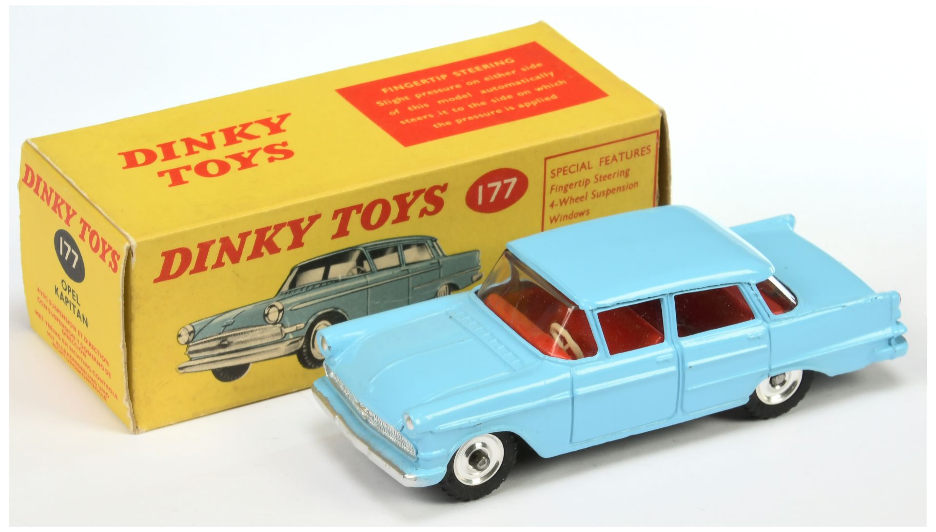 Dinky Toys 177 Opel Kapitan - Light blue body, red interior, silver trim and spun hubs 