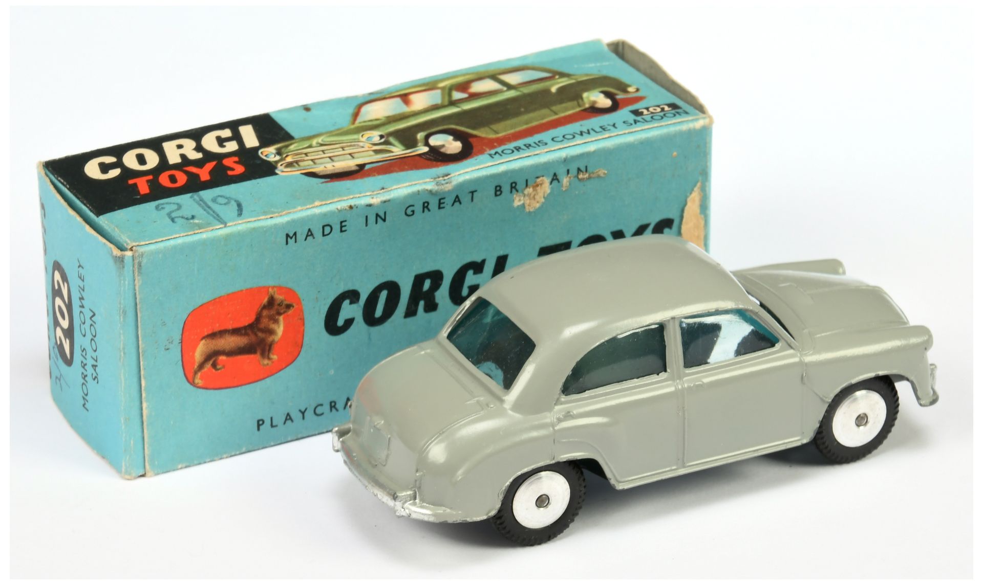 Corgi Toys 202 Morris Cowley Saloon - Grey body, silver trim, flat spun hubs - Good Plus bright e... - Bild 2 aus 2