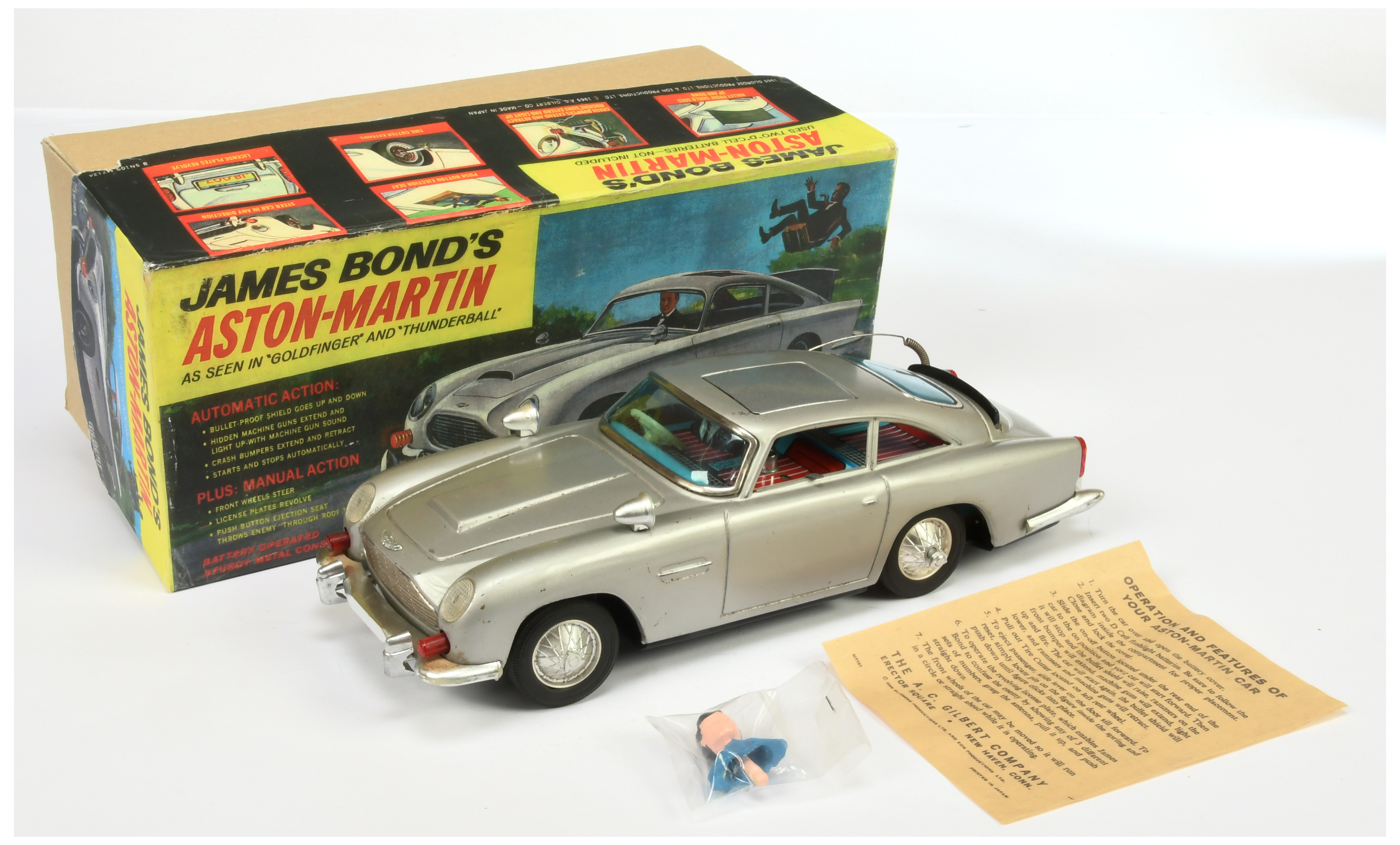 Gilbert "James Bond" Tinplate battery Operated Aston Martin DB5 - Silver-Grey body, chrome trim w...