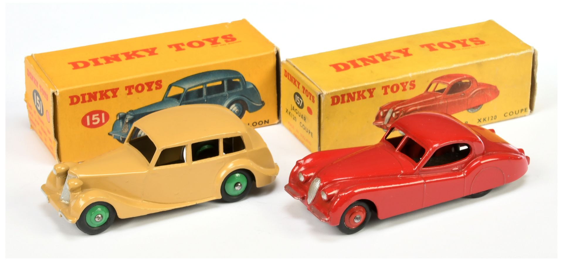 Dinky Toys 151 Triumph 1800 Saloon - Tan body, mid-green rigid hubs and silver trim plus 157 jagu...