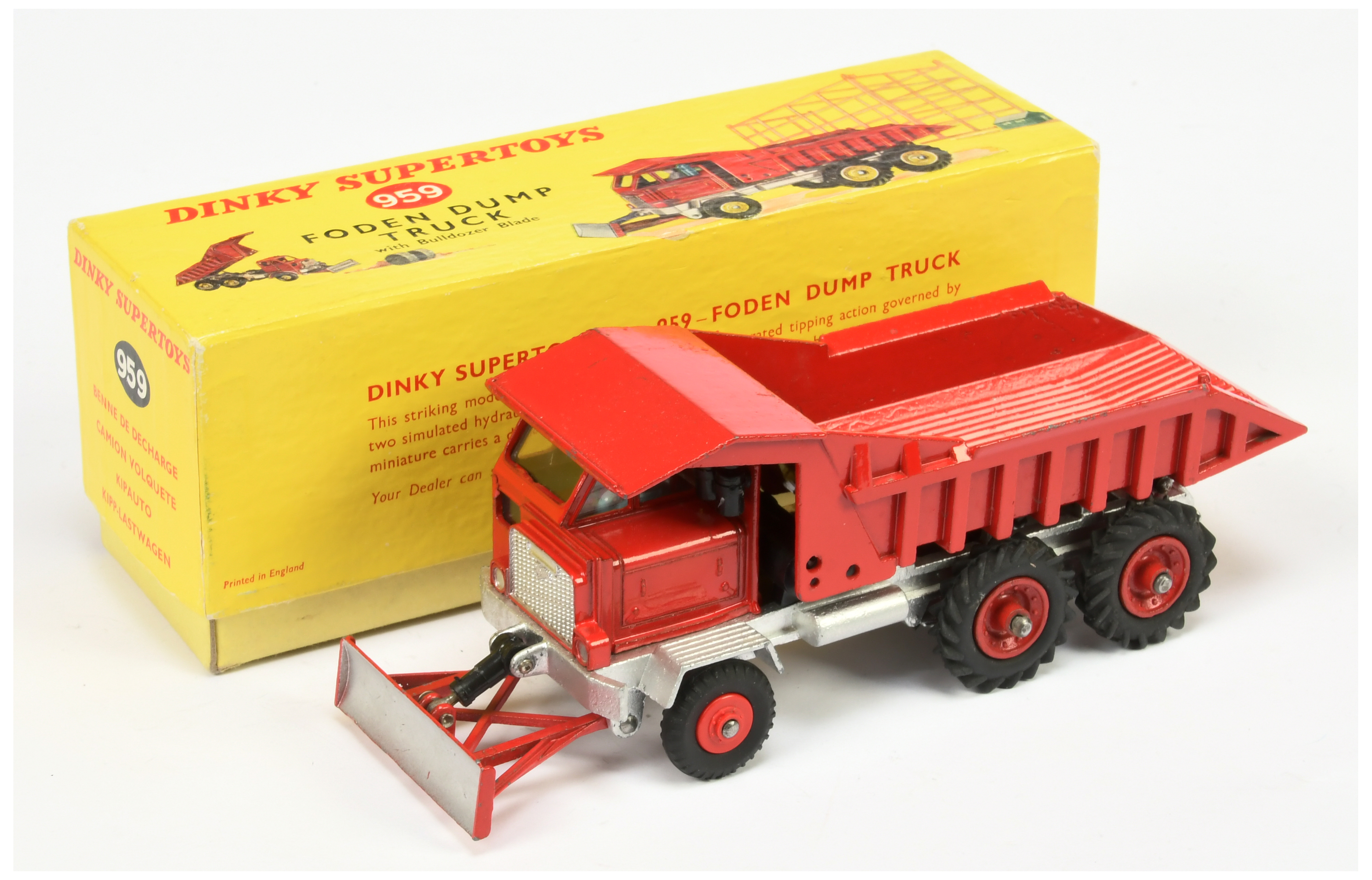 Dinky Toys 959 Foden Dump Truck With Bulldozer Blade - Red Cab, tipping back and hubs (plastic to...