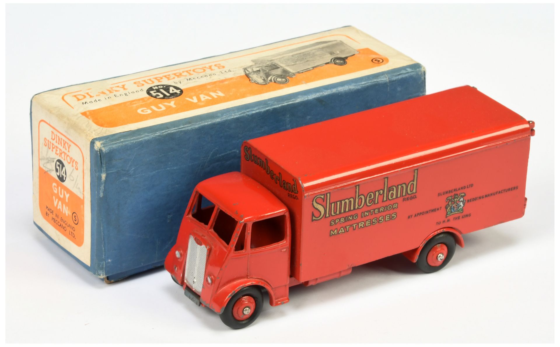 Dinky toys 514 Guy (type 1)  "Slumberland" Van - Red including rigid hubs and silver trim