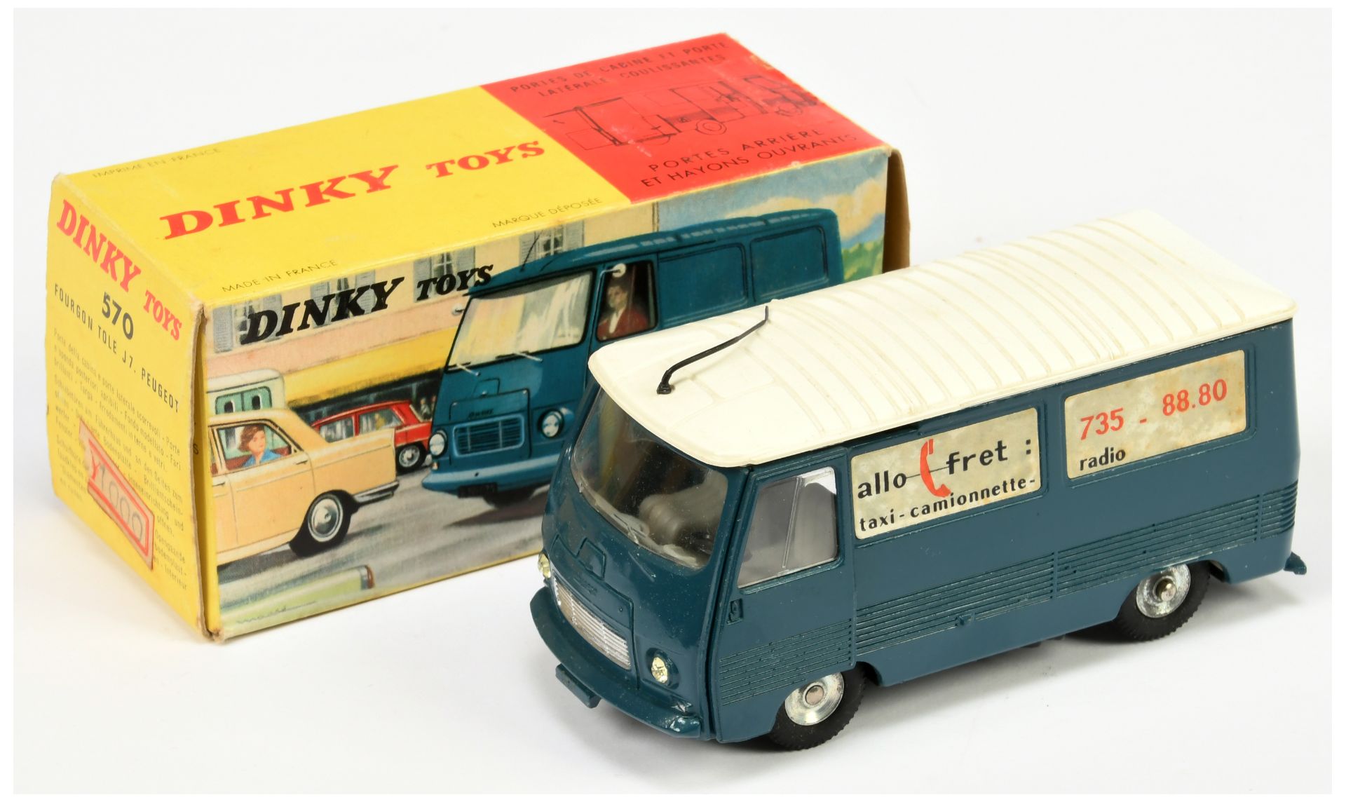 Dinky Toys 570 Peugeot J7 van  - Blue body, white roof with aerial, grey interior, silver trim an...