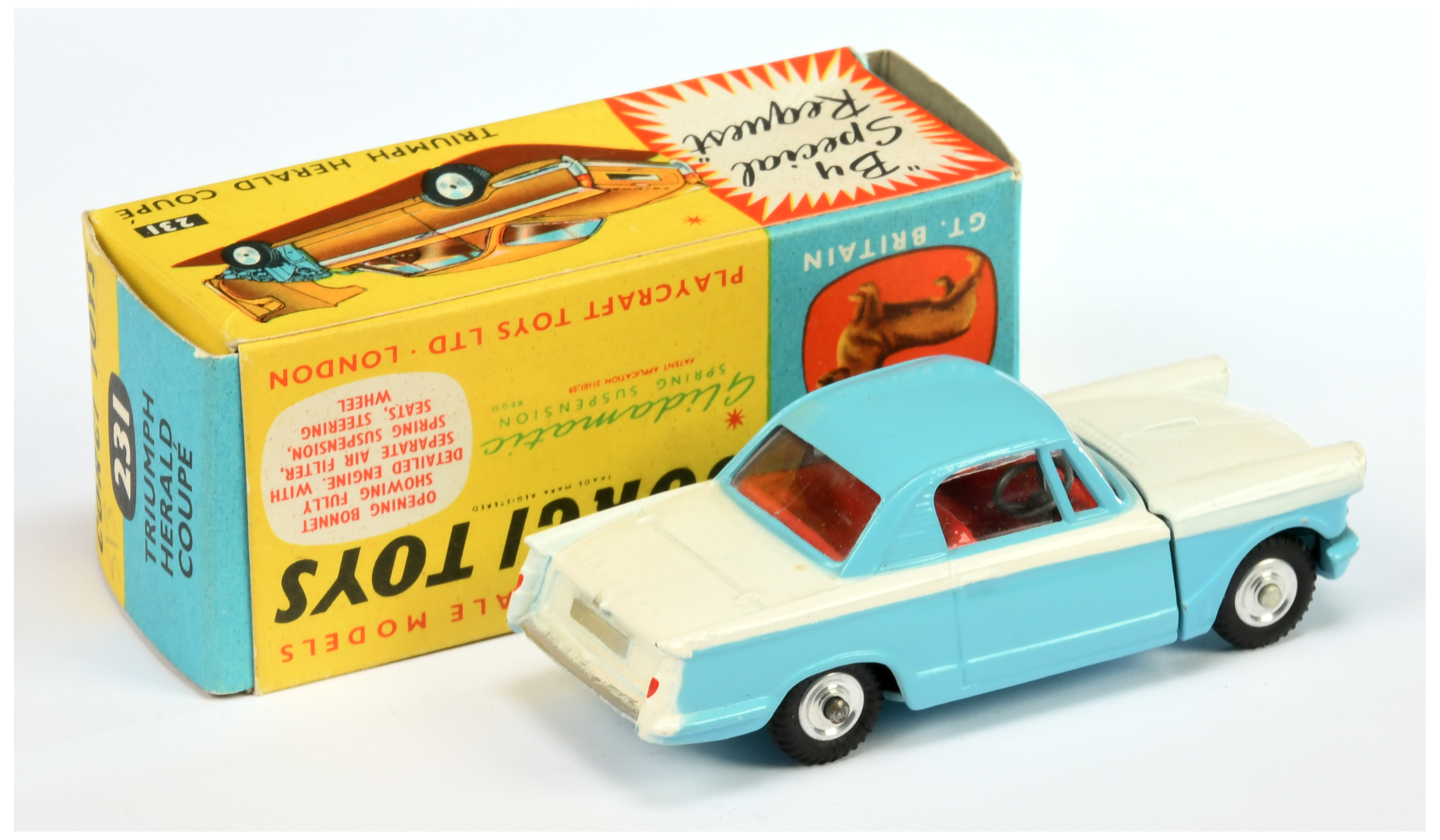 Corgi Toys 231 Triumph Herald Coupe - Two-Tone White and blue, red interior, silver trim and spun... - Image 2 of 2