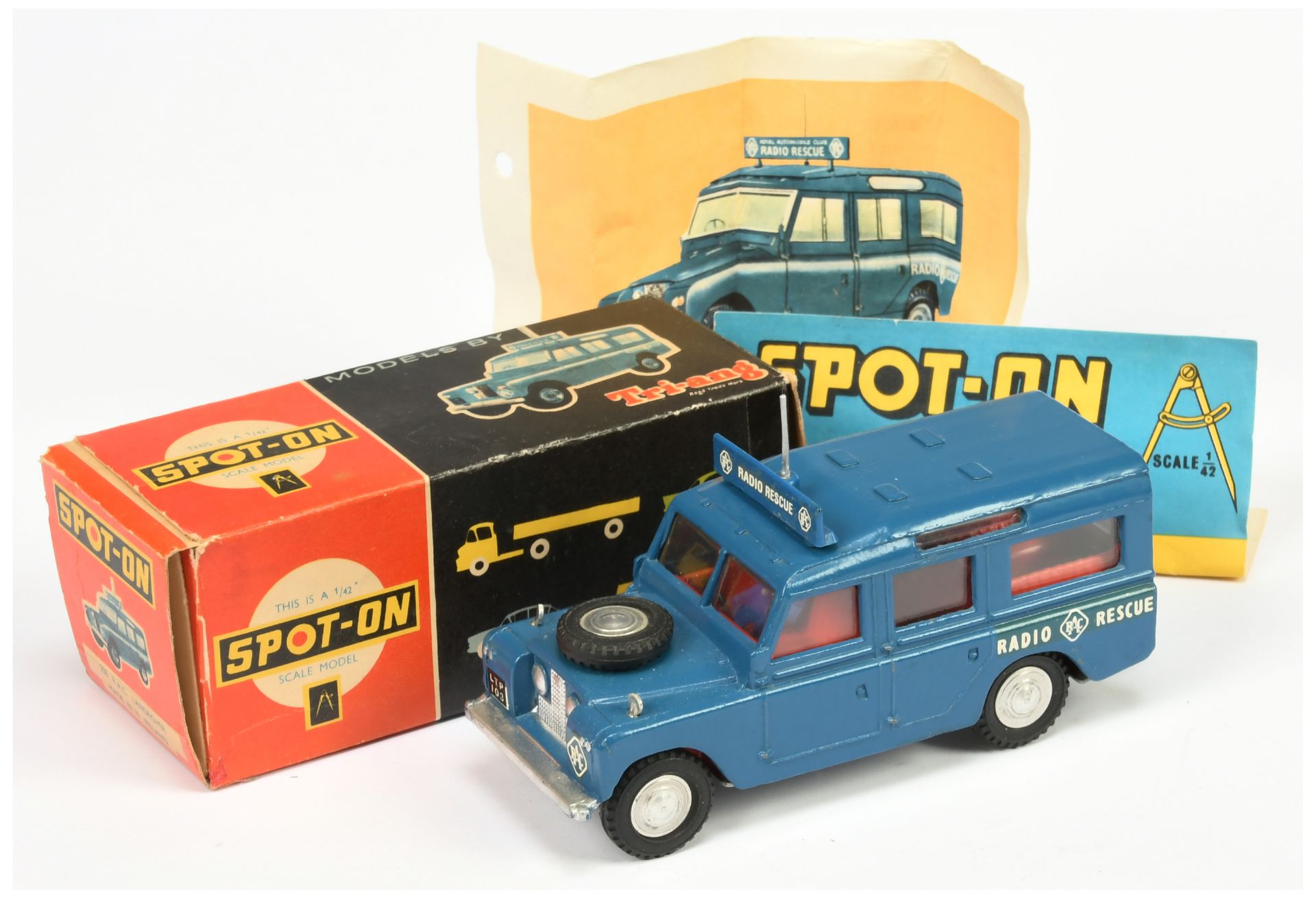 Triang Spot On 258 Land Rover "RAC Radio Rescue" - Blue body, red interior, silver trim, aerial a...