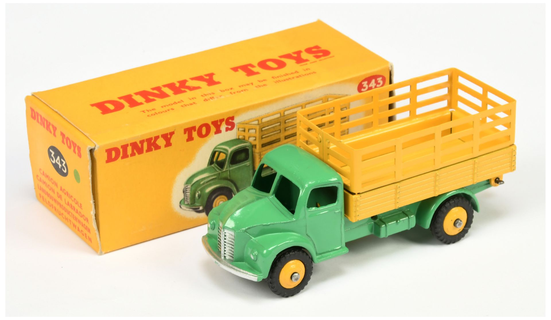 Dinky Toys 343 Dodge Produce Wagon - green cab and chassis, yellow stake back and rigid hubs with...