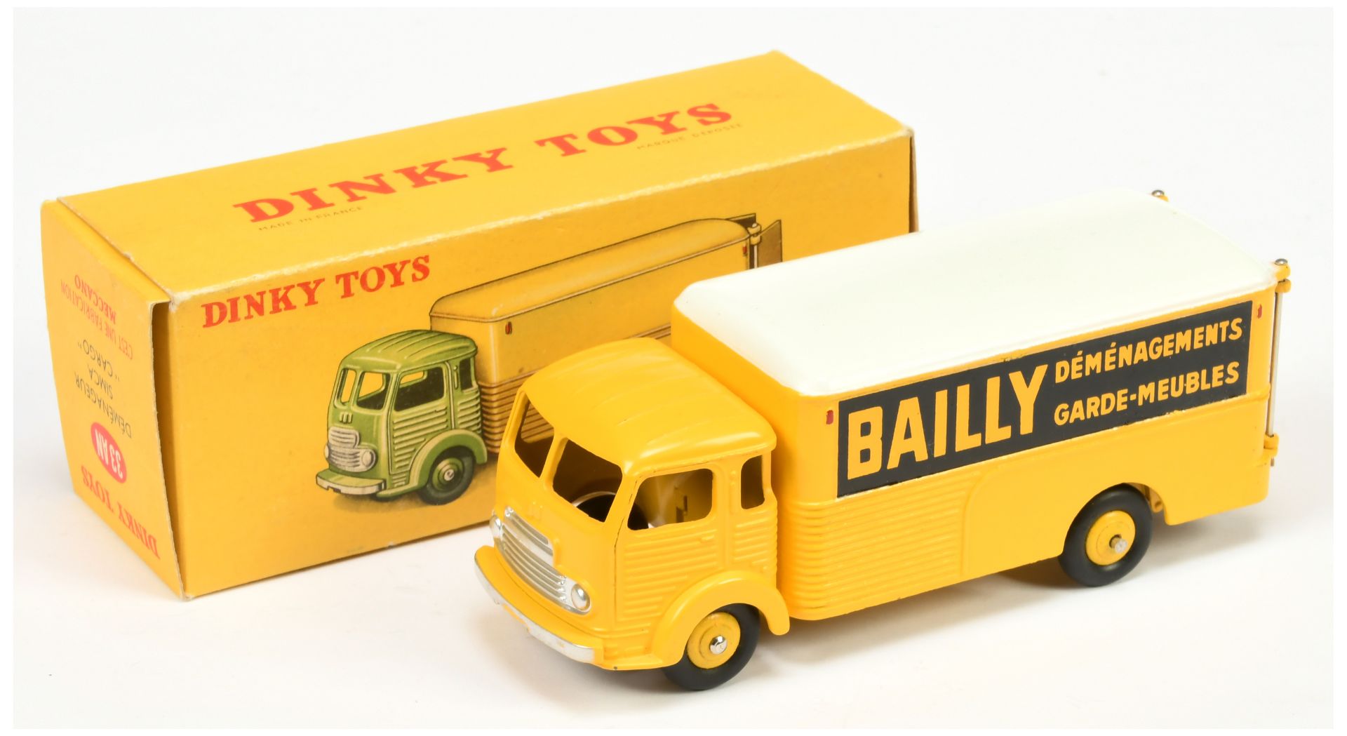 French Dinky Toys 33AN Simca Cargo "Bailly" - Yellow cab, back and Convex hubs, white roof and si...