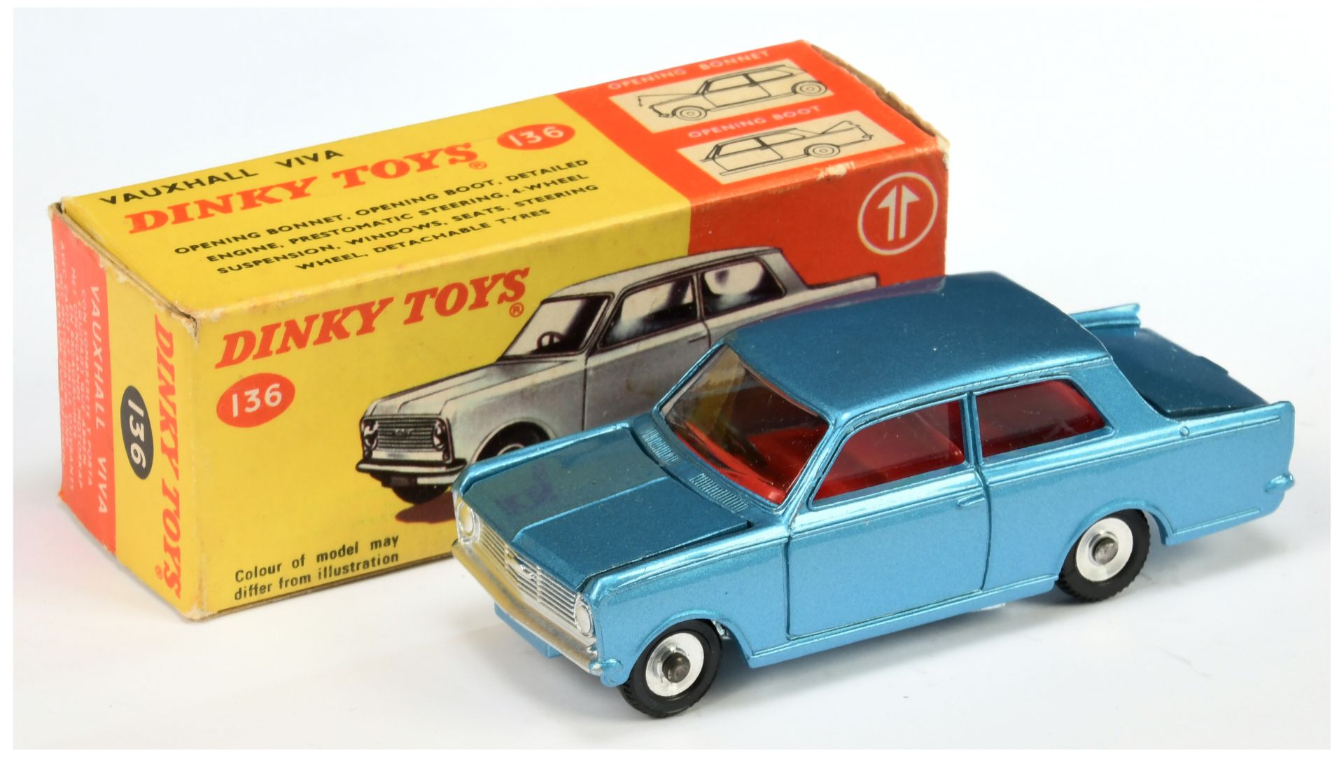 Dinky Toys 136 Vauxhall Viva - Blue body, red interior, silver trim and spun hubs 