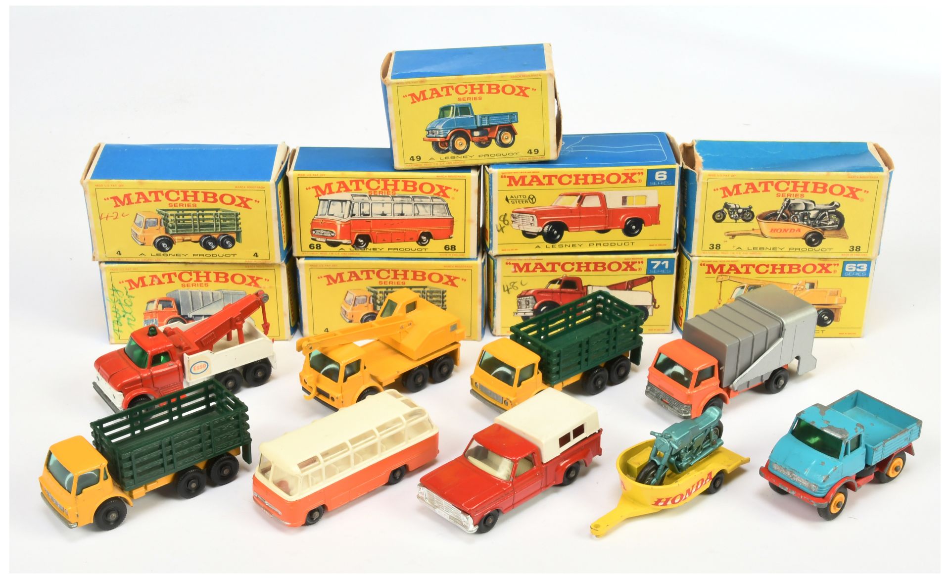 Matchbox Regular Wheels group To Include - 4d Dodge Stake truck - Yellow body and chassis, green ...