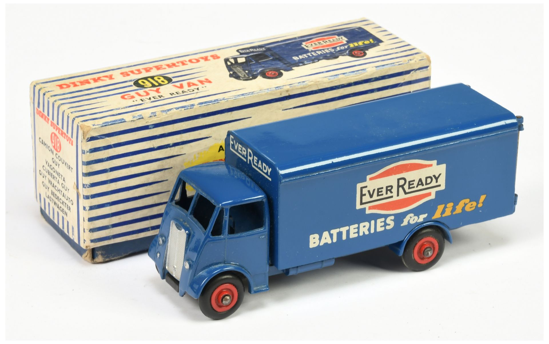 Dinky Toys 918  Guy (type 2) Van "Ever ready"  - Blue, red supertoy hubs and silver trim