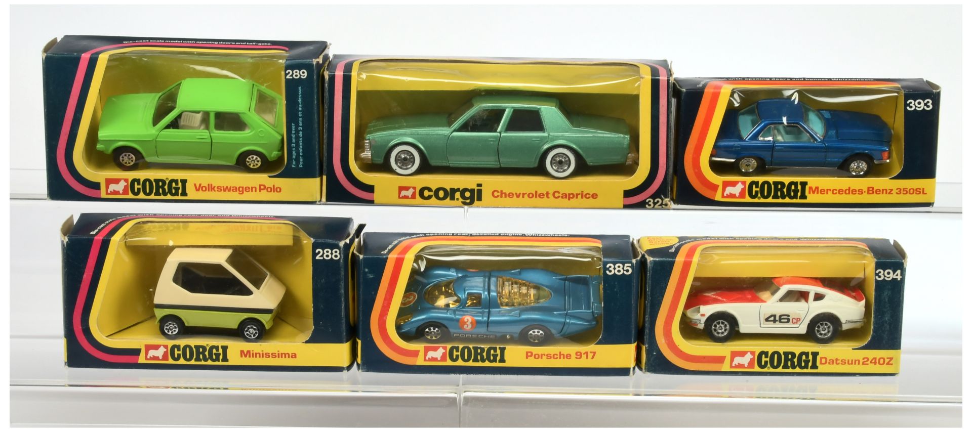 Corgi Toys Group Of 6 To Include (1) 288 Minissima, (2) 289 Volkswagen Polo, (3) 325 Chevrolet ca...