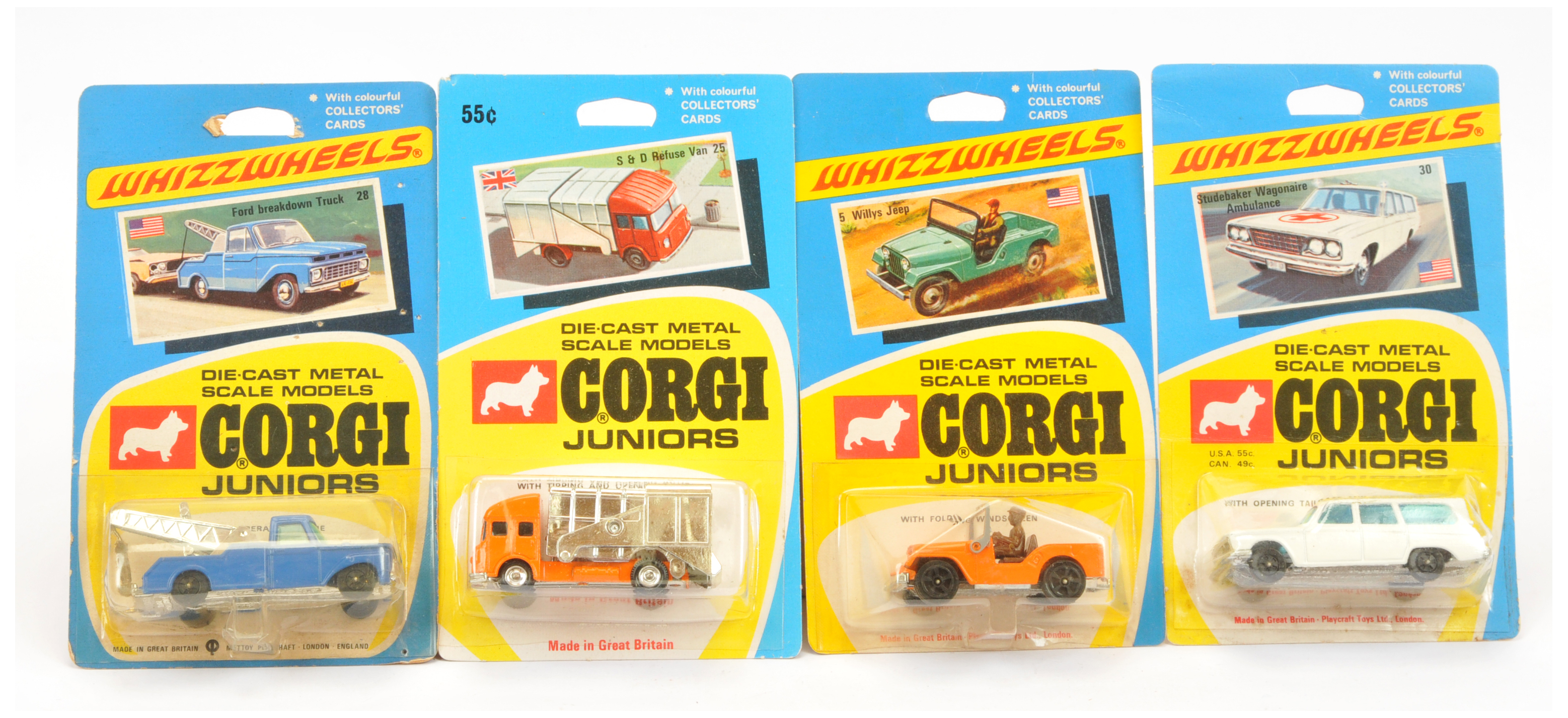 Corgi Toys Juniors Group Of 4 To Include (1) 5 Willy's Jeep - Orange, brown interior and figure, ...