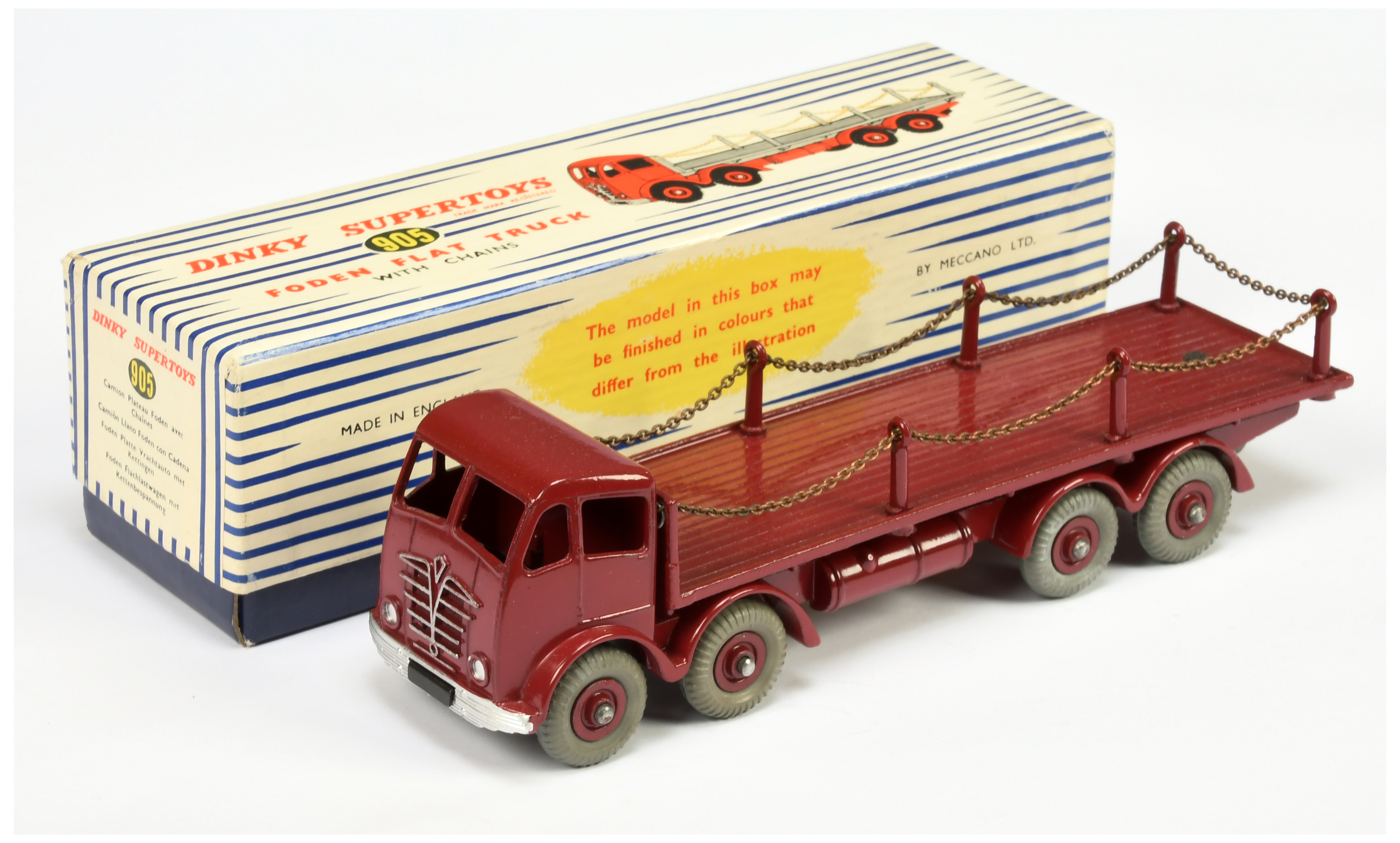 Dinky Toys 905  Foden (type 2) Flat Truck With Chains - Maroon including supertoy hubs with grey ...