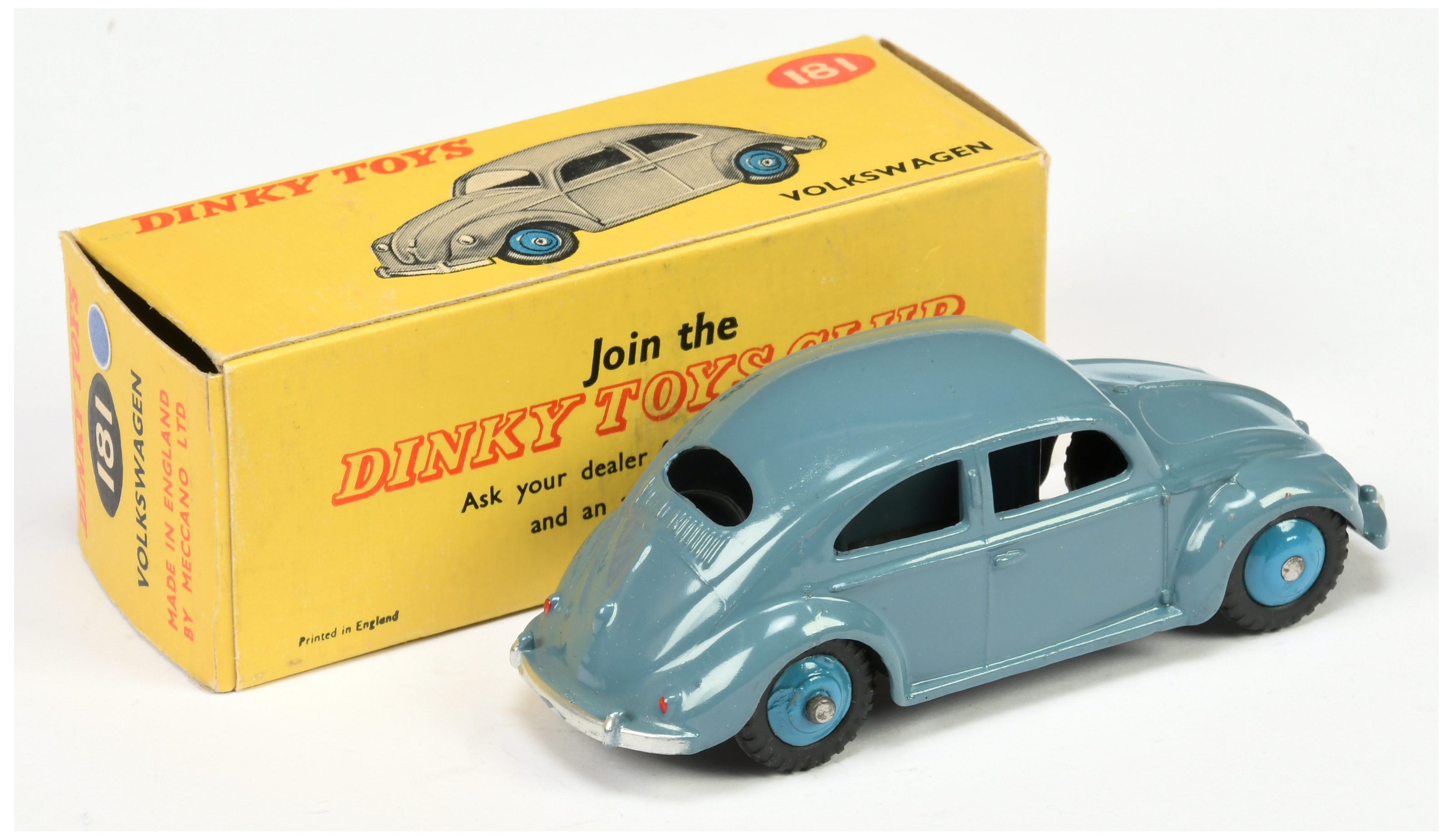 Dinky Toys 181 Volkswagen Saloon (beetle)  - Greyish-blue body, mid-blue rigid hubs, silver trim  - Image 2 of 2