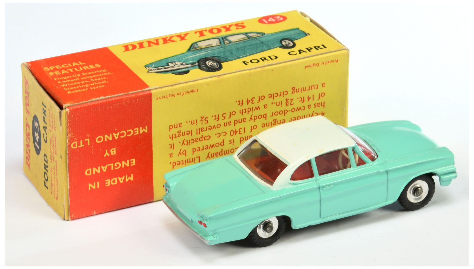 Dinky Toys 143 Ford Capri - Turquoise, white roof, red interior, silver and chrome spun hubs  - Image 2 of 2