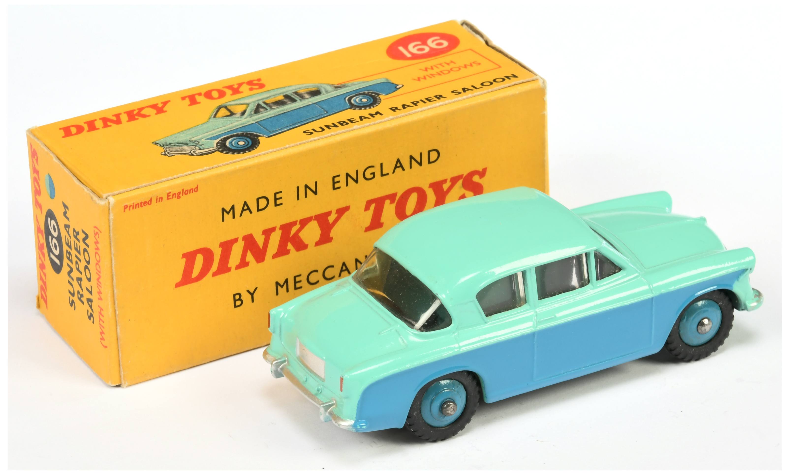 Dinky Toys 166 Sunbeam Repair Saloon - two-Tone turquoise and blue, mid-blue rigid hubs and silve... - Image 2 of 2