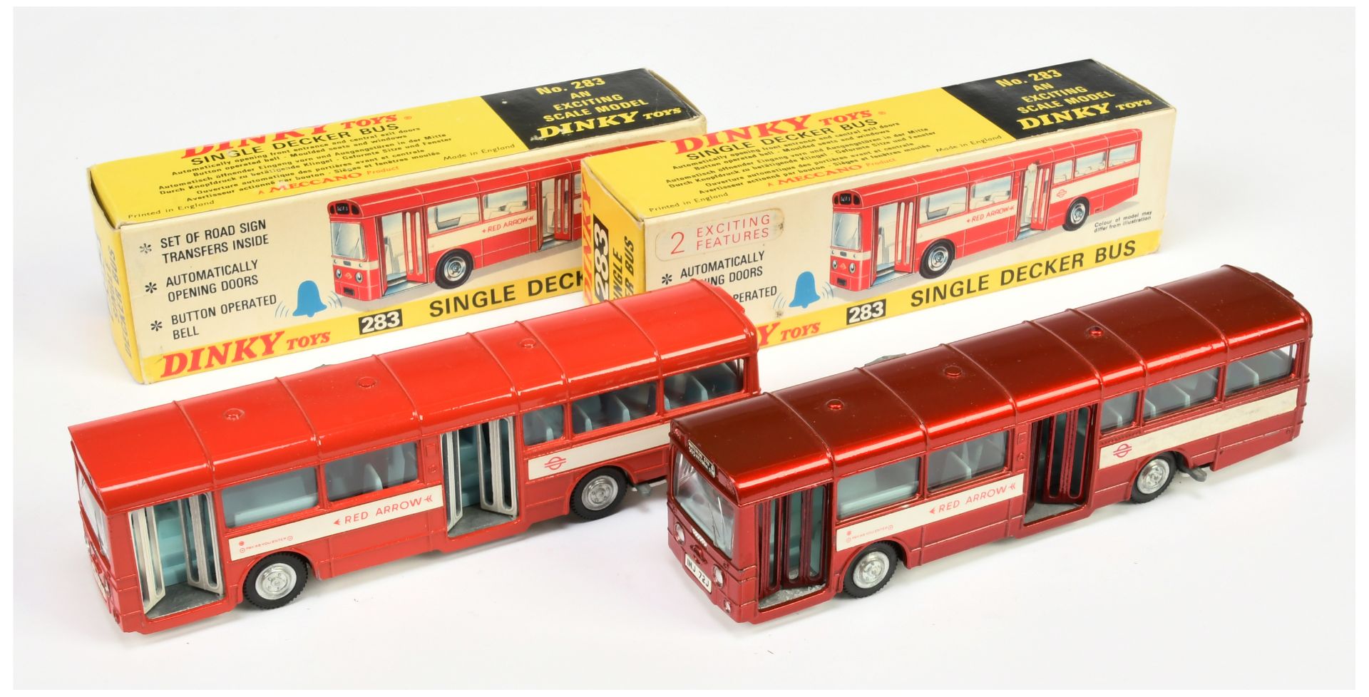 Dinky Toys 283 Single Decker Bus "Red Arrow" A Pair - (1) Metallic red body and opening doors, wh...