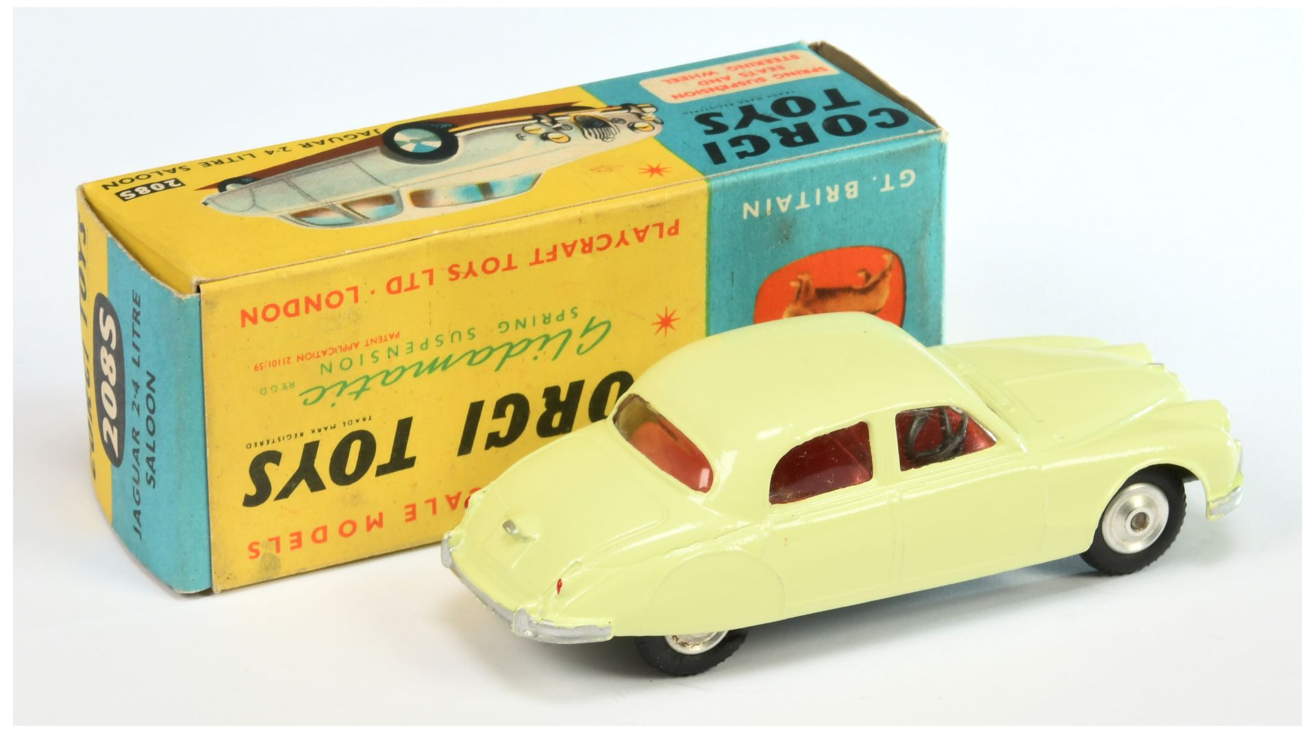 Corgi Toys 208S Jaguar 2.4 Litre Saloon - Primrose yellow, red interior, silver trim and spun hubs - Image 2 of 2