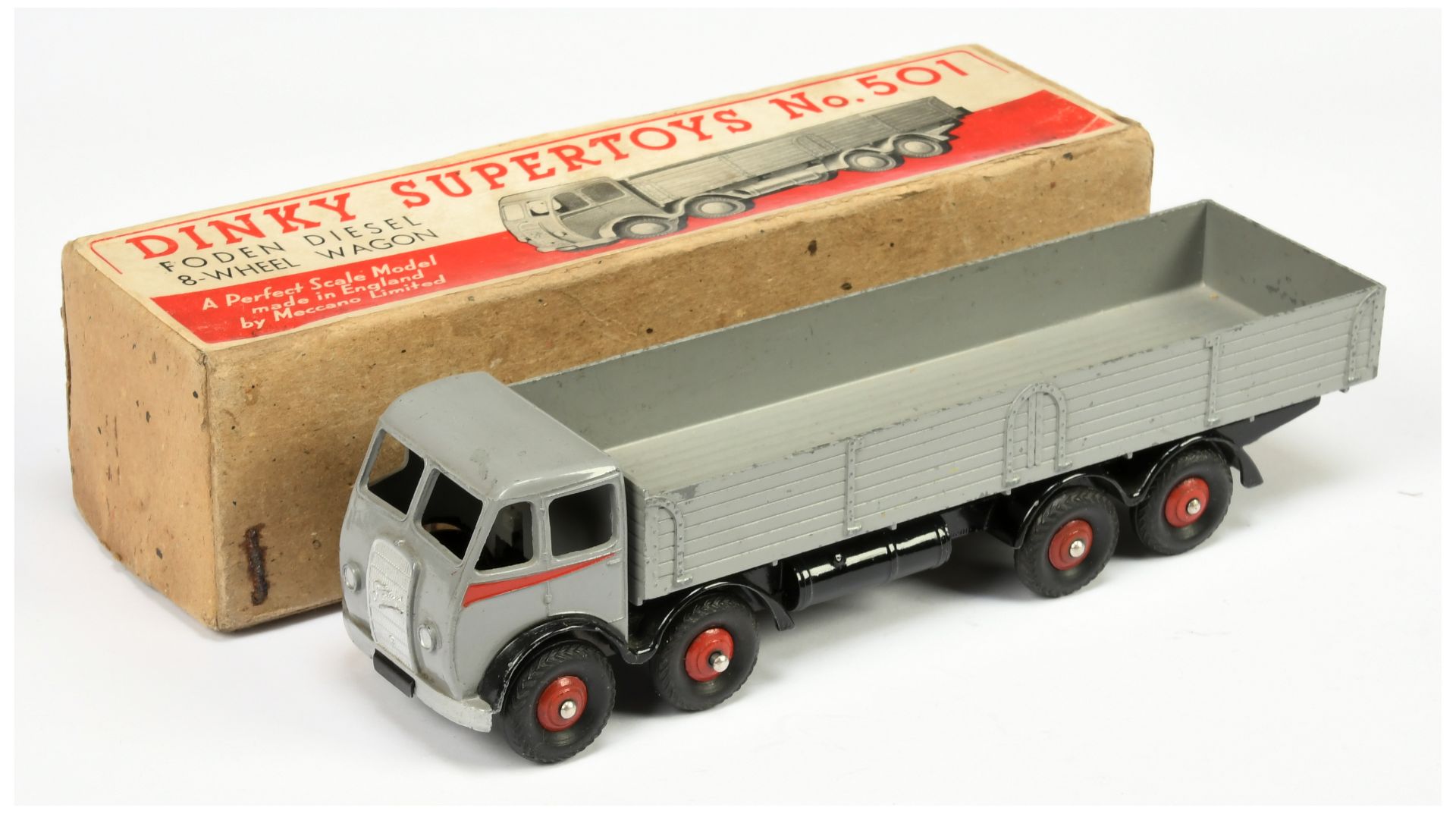 Dinky Toys 501 Foden (type 1) 8-wheel Diesel Wagon - Grey cab and back, black chassis, red side f...