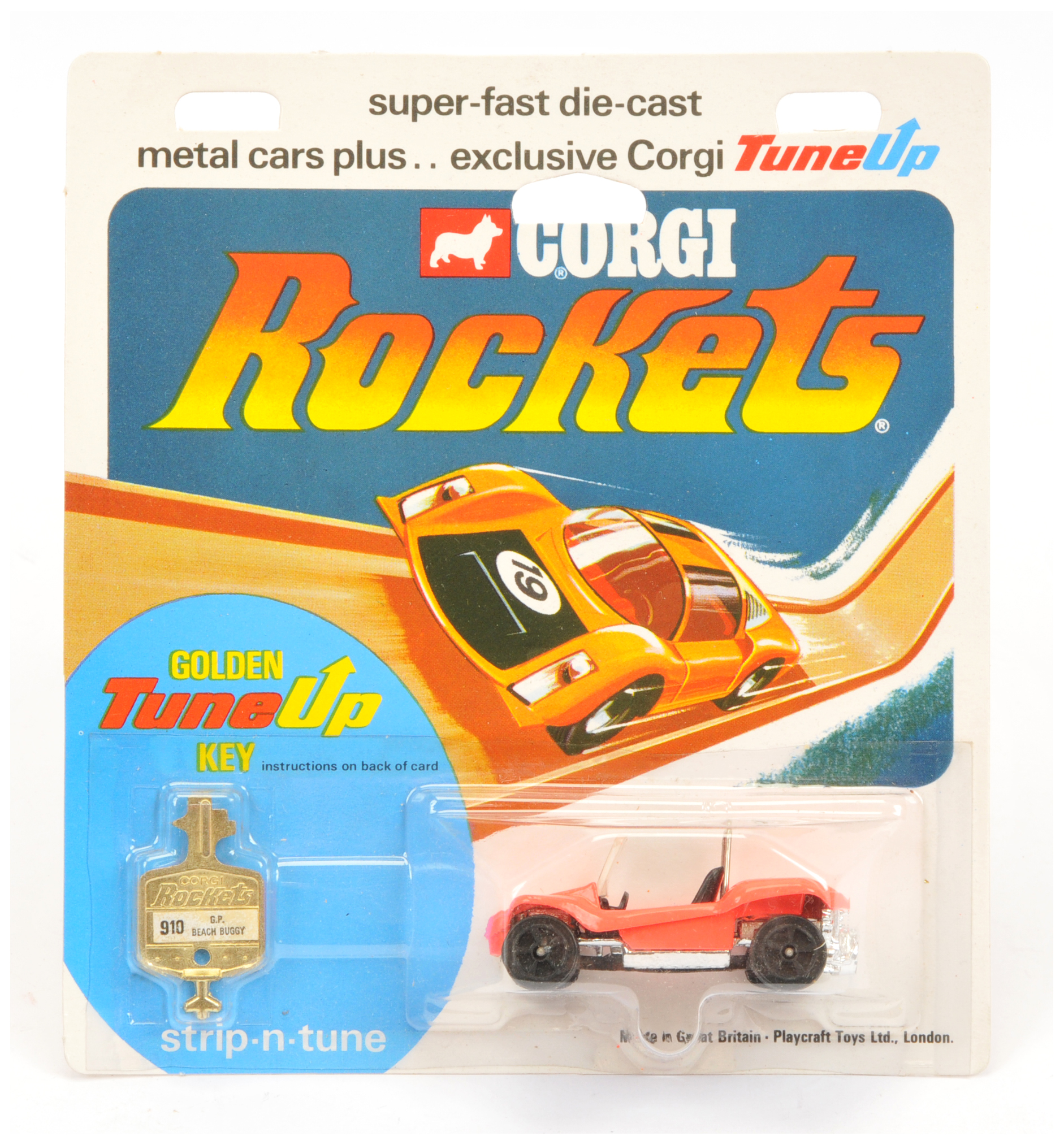 Corgi Toys Rockets D910 GP Beach Buggy - Fluorescent Orange, black interior with ke