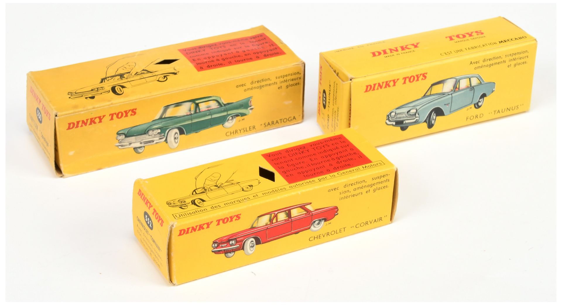 French Dinky Toys Empty boxes A Group  - (1) 550 Chrysler Saratoga , (2) 552 Chevrolet Corvair an...