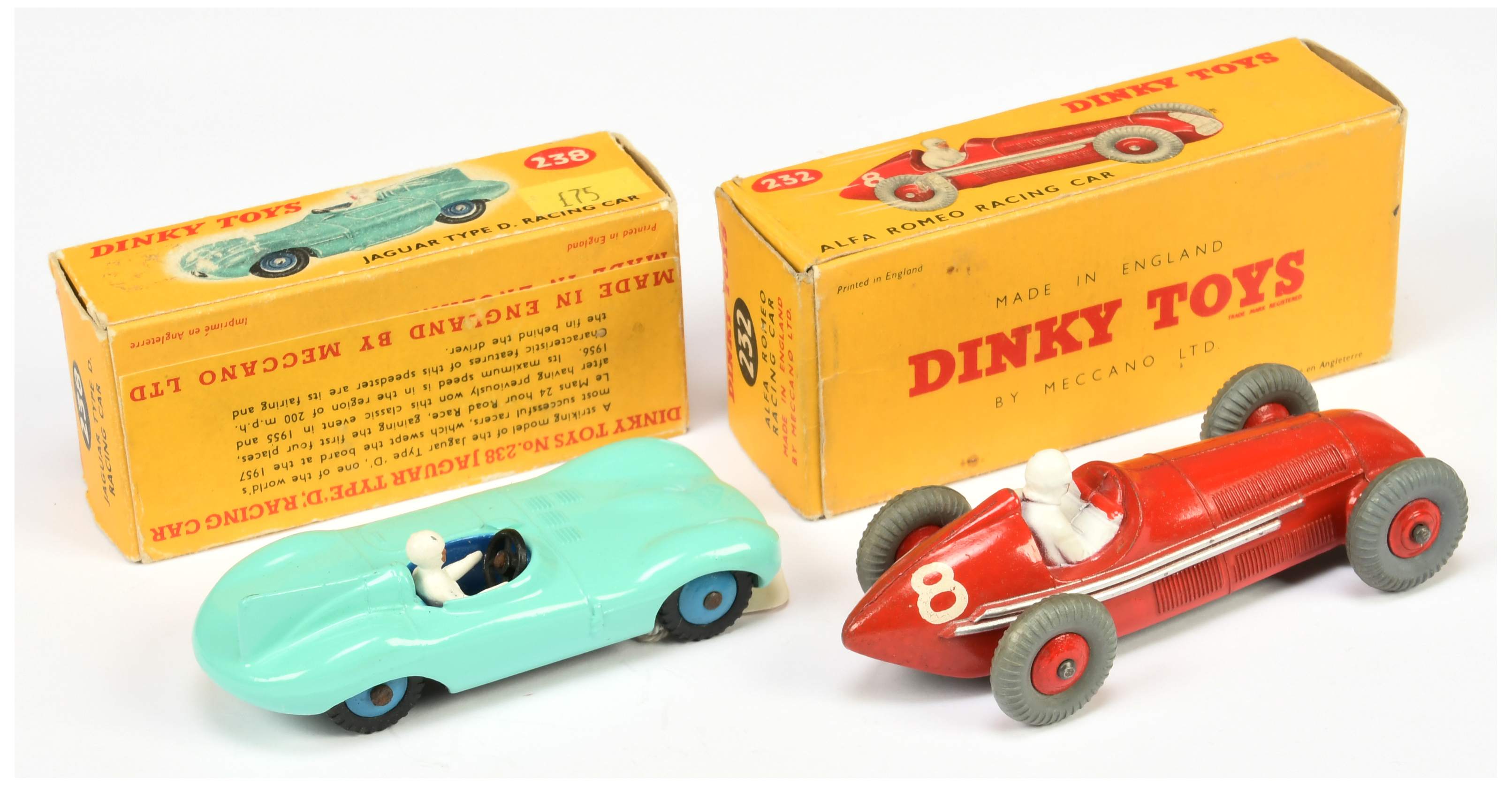 Dinky Toys 232  Alfa Romeo racing Car - red body and rigid hubs, silver grille and 238 Jaguar Typ... - Image 2 of 2