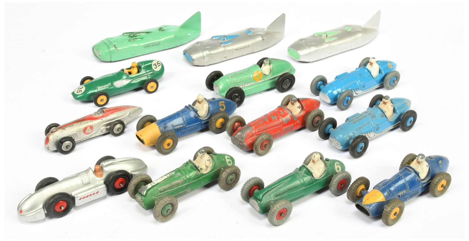 Dinky Toys Unboxed Group Of Racing Cars To Include - Ferrari - Blue with yellow triangle nose, Va...